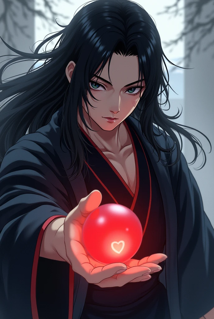 black haired, cold looking man, black eyes, long hair, majestic features, wearing a kimono, holding a glowing red ball of energy in his hand, novel cover.
