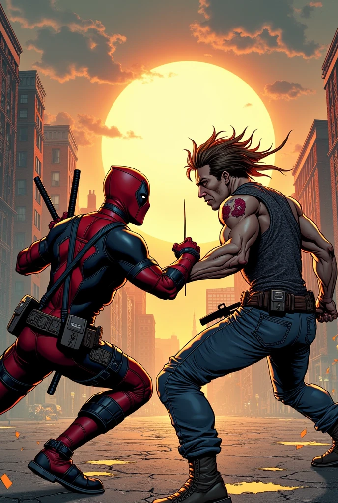 Create a picture in background image format of Deadpool fighting Garou from One Punch Man