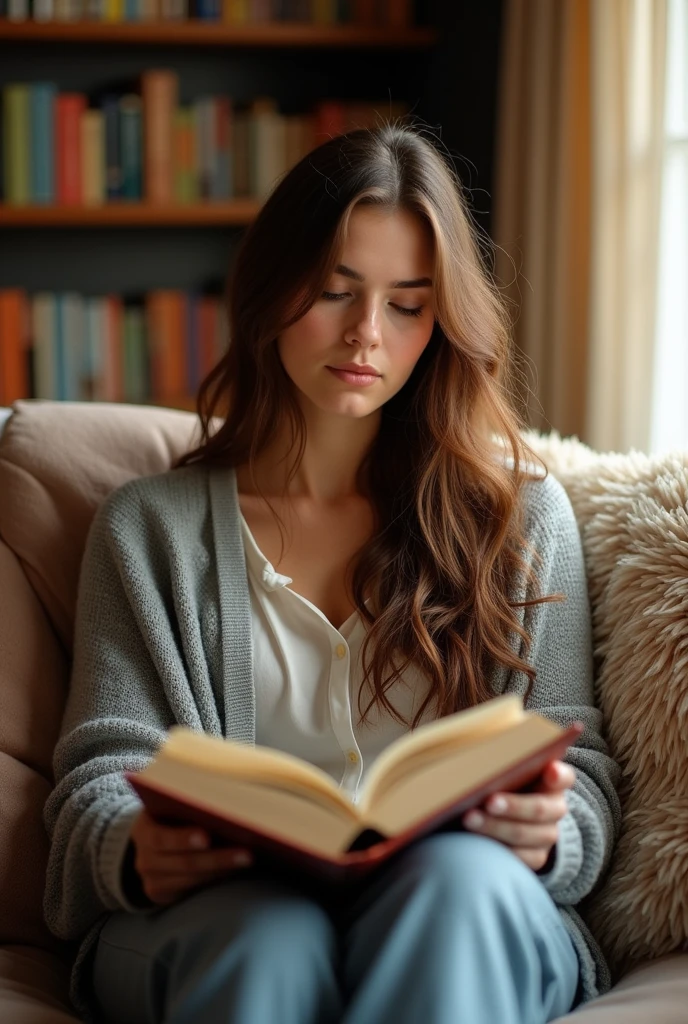 Create an image of a woman with wavy brown hair wearing a grey cardigan reading a book.