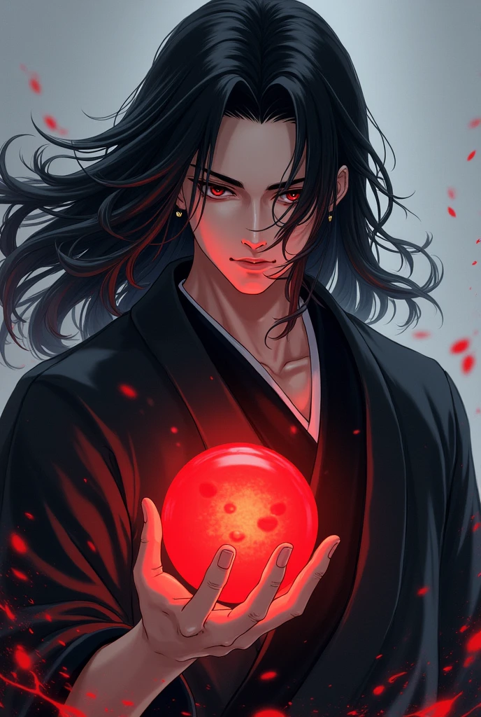 black haired, cold looking man, black eyes, long hair, majestic features, wearing a kimono, holding a glowing red ball of energy in his hand, novel cover.