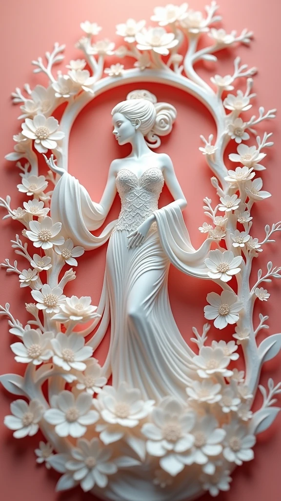 a close up of a paper cut of a woman in a dress, a beautiful fantasy empress, carving, mu pan, 3 d character art, bride, 中 元 节, portrait of princess diana, living flora, visually striking, like lady mechanika, wood art, as the goddess of the sun, unique design, made of leaves