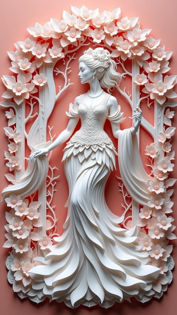 a close up of a paper cut of a woman in a dress, a beautiful fantasy empress, carving, mu pan, 3 d character art, bride, 中 元 节, portrait of princess diana, living flora, visually striking, like lady mechanika, wood art, as the goddess of the sun, unique design, made of leaves