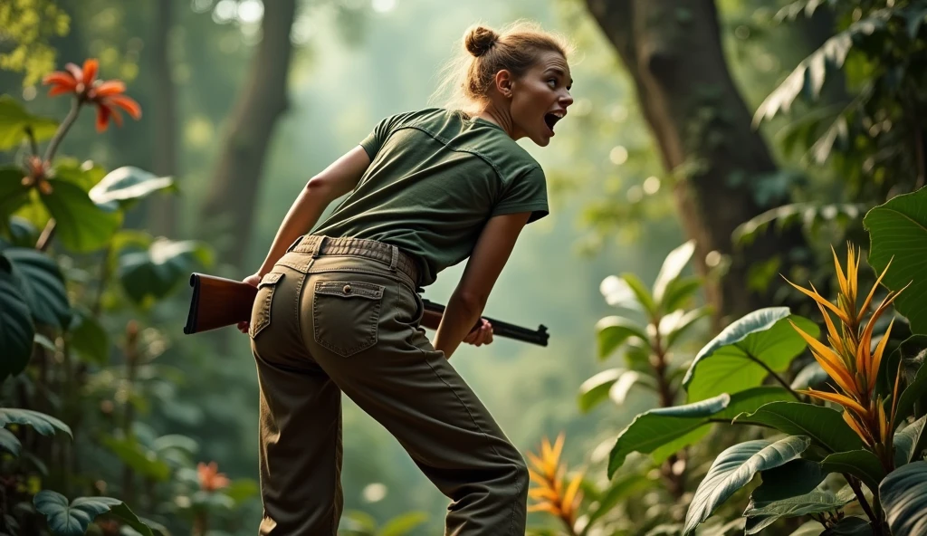 She has long pants and a hunter's shirt , close-up , We see her from behind and in profile too. , Beautiful girl very similar to the actress Martha Raye of 20 years old, she is a poacher, she has a big butt, she is in the middle of the jungle with the rifle in her hand, she is Bent over looking back with a scare face and a lot of pain, she screams, He opens a lot of mouth and opens very much eyes to the fullest, in his tight pants we see a great hole at the butt , a great hole is seen in his Pants in butt área , and part of her buttocks are at sight with severe damage py a shotgun blast , All this is in a comedy Slapstick tone, it simply has to be funny. HD 4K, cinematic
