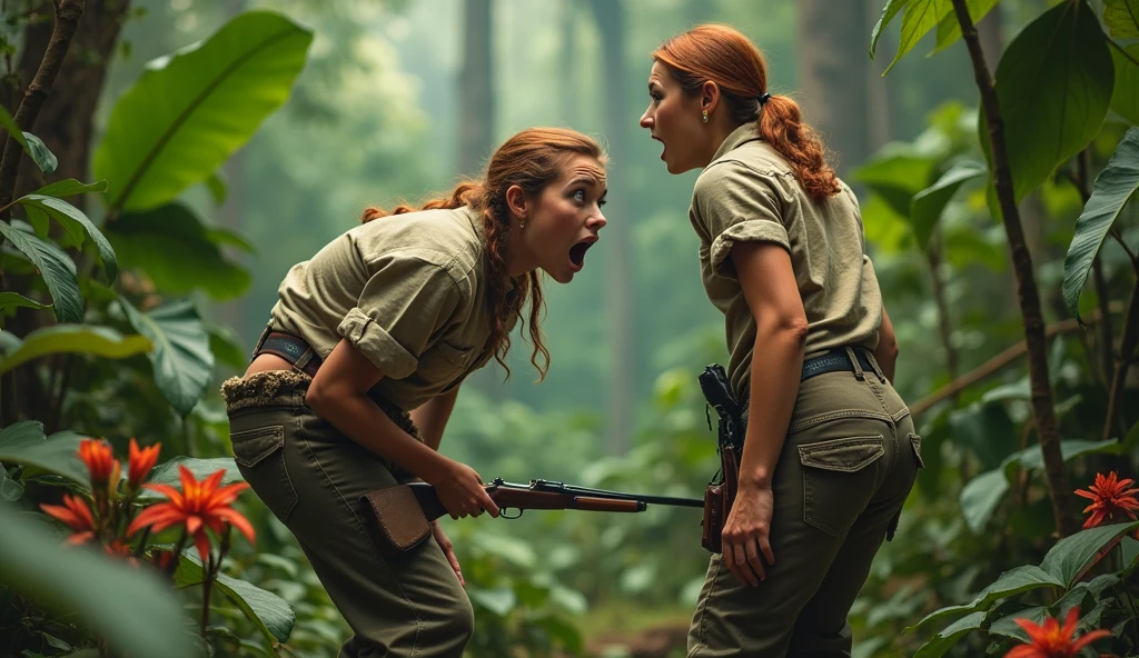 She has long pants and a hunter's shirt , close-up , We see her from behind and in profile too. ,  Beautiful  girl very similar to the actress Martha Raye  of 20 years old, she is a poacher, she has a big butt, she is in the middle of the jungle with the rifle in her hand, she is Bent over looking back with a scare face and a lot of pain, she screams, He opens a lot of mouth and opens very much eyes to the fullest, in his tight pants we see a great hole  at the butt  , a great hole is seen in his Pants in butt  área , and part of her buttocks are at sight with severe damage py a shotgun blast ,  All this is in a comedy Slapstick tone, it simply has to be funny. HD 4K, cinematic