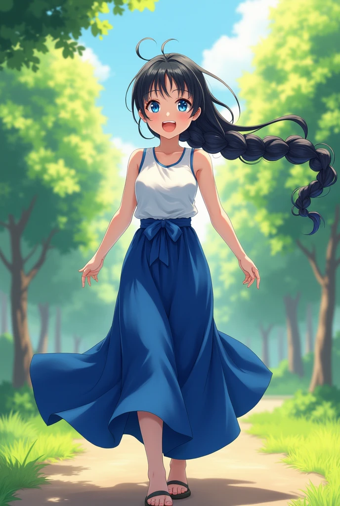 A girl with long black hair braided into a ponytail, blue eyes, smiling, athletic body, white mother, blue long skirt, anime art, masterpiece, realistically