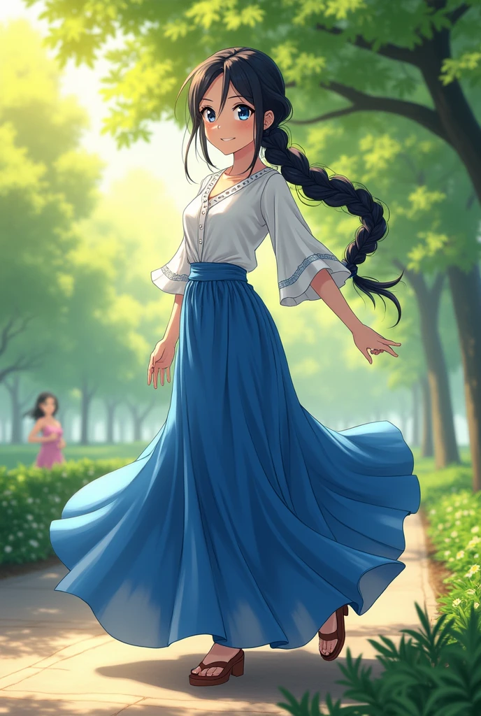 A girl with long black hair braided into a ponytail, blue eyes, smiling, athletic body, white mother, blue long skirt, anime art, masterpiece, realistically