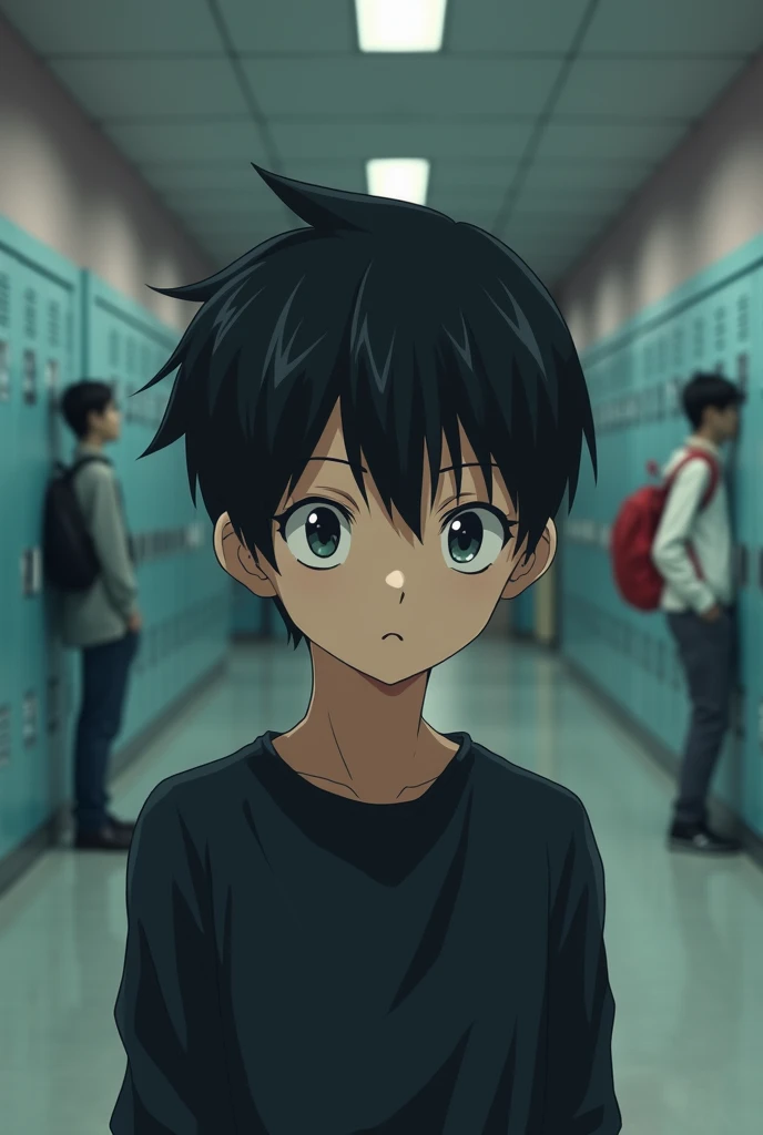 an introverted high school boy, with dead fish eyes, black hair styled to the right, in style of manga, sem muitos detalhes, Simple manga, Facing the photo.