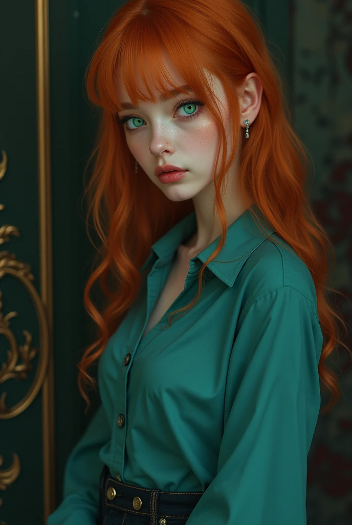 a close up of a woman, dreamy woman, matsumoto rangiku from bleach, half body photo, mistress, photoshop render, ebony rococo, elegant girl, female spy, haunting beautiful young woman, detailed face, plump lips, teal button shirt, jeans pants, light orange hair, , beauty girl, very femenine, deep green eyes, dark haze atmoosphere, ambient dust
