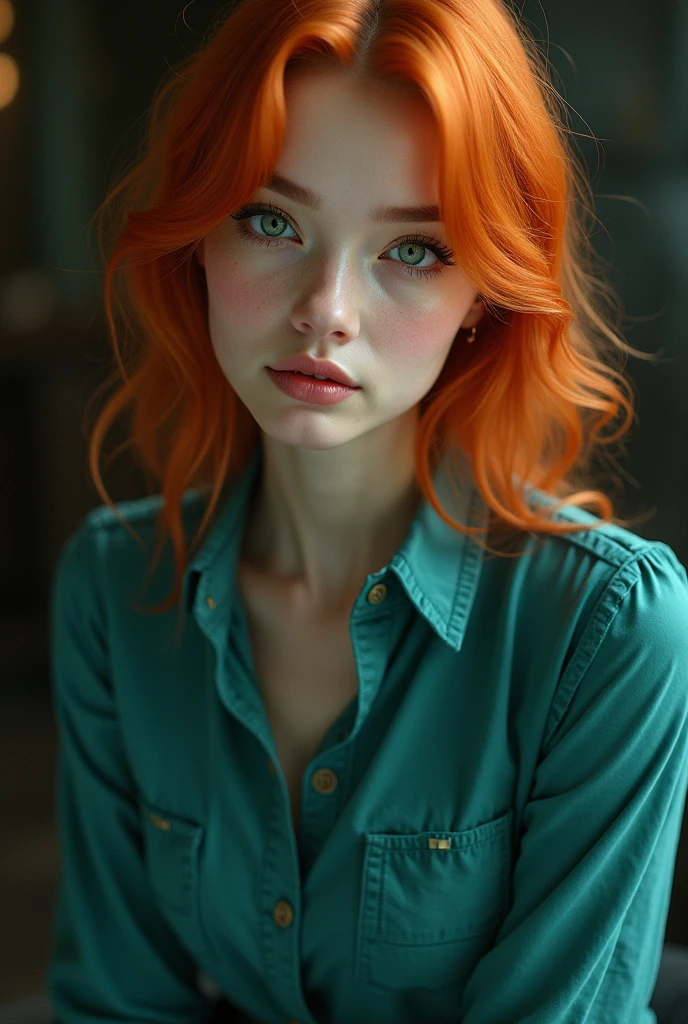 a close up of a woman, dreamy woman, matsumoto rangiku from bleach, half body photo, mistress, photoshop render, ebony rococo, elegant girl, female spy, haunting beautiful young woman, detailed face, plump lips, teal button shirt, jeans pants, light orange hair, , beauty girl, very femenine, deep green eyes, dark haze atmoosphere, ambient dust