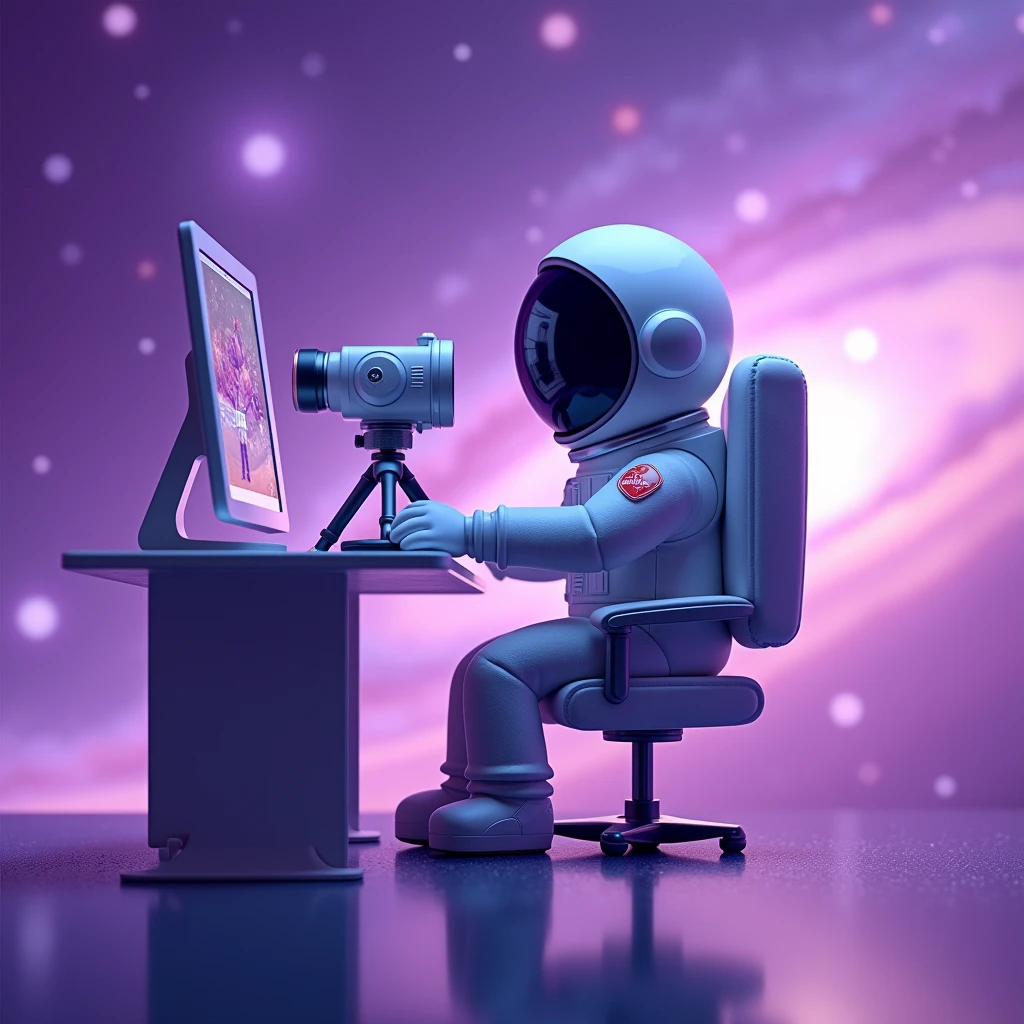 a little human astronaut avatar, of UGC creator wearing a white astronaut costume capturing his own video with a tripod is placed in front of him SITTING ON DESK showing his reflection inside the camera screenof tripod in galaxy with purple gradient bACKGROUND