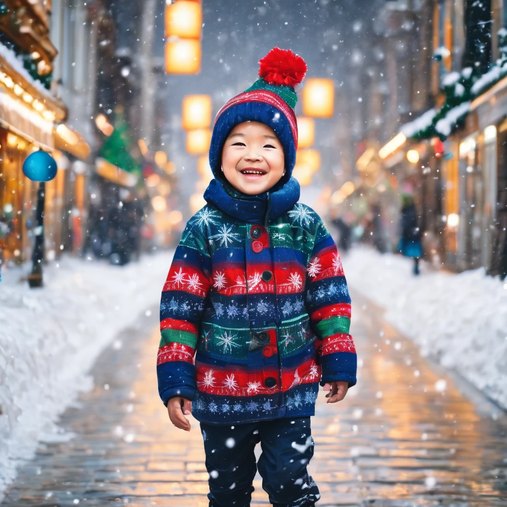 A smiles boy wear a Christmas clothes in a city snowing