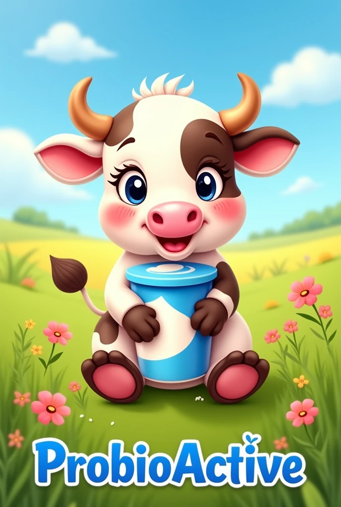 Cute cow image with long eyelashes holding a yogurt container, with the word ProbioActive at the bottom.