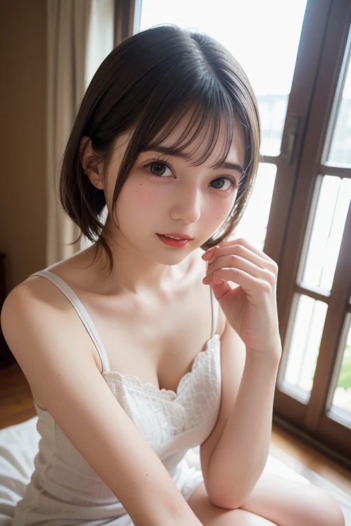 (Detailed face:1.3),One girl, 18-year-old、cute、(((Euphoric face:1.2)))、(White tight camisole:1.3)、Baby Face、Big Breasts 、(Brown eyes:1.3), ((Gal Hairstyles)) 、High Twintails;1.Blonde、, (Eye and facial details:1.0), break, (masterpiece, Highest quality, Very detailed,8k:1.3),Sit with your legs apart