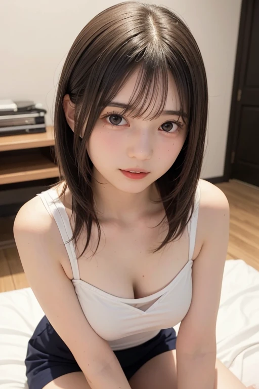 (Detailed face:1.3),One girl, 18-year-old、cute、(((Euphoric face:1.2)))、(White tight camisole:1.3)、Baby Face、Big Breasts 、(Brown eyes:1.3), ((Gal Hairstyles)) 、High Twintails;１.Blonde、, (Eye and facial details:1.0), break, (masterpiece, Highest quality, Very detailed,8k:1.3),Sit with your legs apart