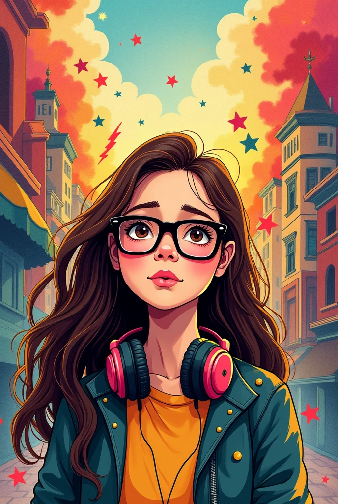 Create a written book cover "doing the impossible" with a long-haired brunette teenage girl, wearing square black glasses, with dark brown eyes shining with headphones and a few pimples on his face