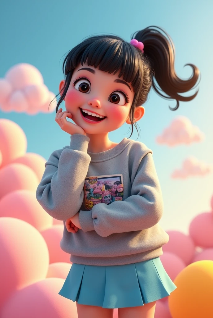 Woman , Grinning, black hair with bangs and ponytail ,wearing gray sweatshirt short leg blue skirt, posing with his left hand under his chin,print on sweatshirt,3d pixar style