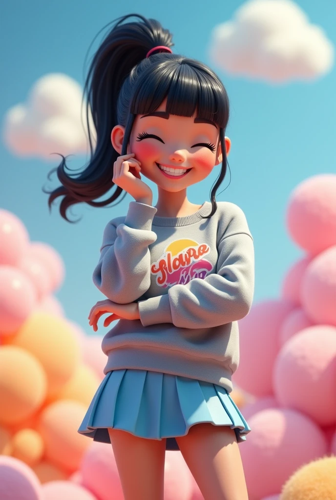 Woman , Grinning, black hair with bangs and ponytail ,wearing gray sweatshirt short leg blue skirt, posing with his left hand under his chin,print on sweatshirt,3d pixar style