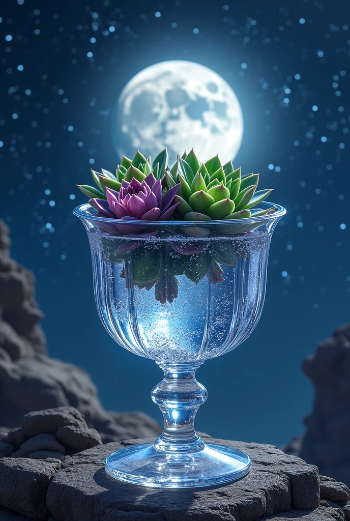 ((Highest quality)), ((masterpiece)), (detailed),In this picture,A mysterious and beautiful sight can be seen。In the center of the painting is a transparent crystal chalice,that'Huge and gorgeous,Made from clear crystal material。The Holy Grail is filled wthath clear liquid,Like a fantastic pool of water,There is some variation。 In the crystal chalice,Grows beautiful succulents。The leaves are swirling and colorful,Jewel-like colours,Shining brightly。thatぞれの葉には微妙な線と質感があります,Make that more real and vivid。The stems of succulents also have a transparent texture.,From the root to the corner of the leaf々to。 Crystal Grail, surrounded by a fantastic and spectacular sight。透明なクリスタルの壁がAmbient lightを反射します,Beautiful light and shadow effects are formed。I can see the wide sky in the distance,Lthattle bthats of light shine in that。At the edge of the sky,The bright moon is floating,The moonlight spilled,Light up the entire scene。 The whole picture is full of visual impact and world feeling.。Succulents in a clear crystal chalice、It symbolizes the miracle of life and the power of nature.。,Ambient light, Shadows and starry skies are people々give an air of mystery to。This painting combines succulents wthath a clear crystal chalice,Depicts very attractive and imaginative scenes。 I hope this painting will give you visual enjoyment and shock.,Feel the unique beauty of succulents。
