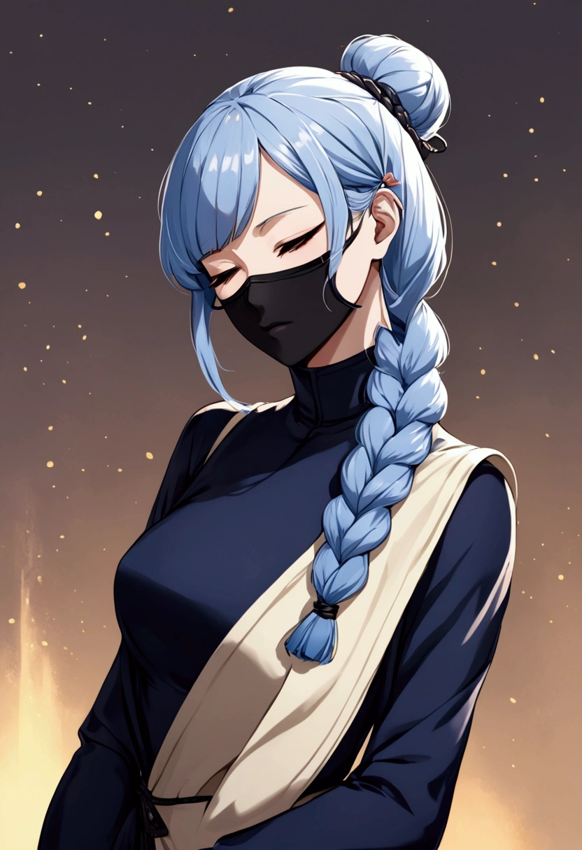 Mei Mei, pale blue hair., A neatly braided braid at the back, The braid covers the left side of her face. Squinting slightly
She is wearing a dark blue dress with long sleeves and a high collar., Brown shoes of the same color.