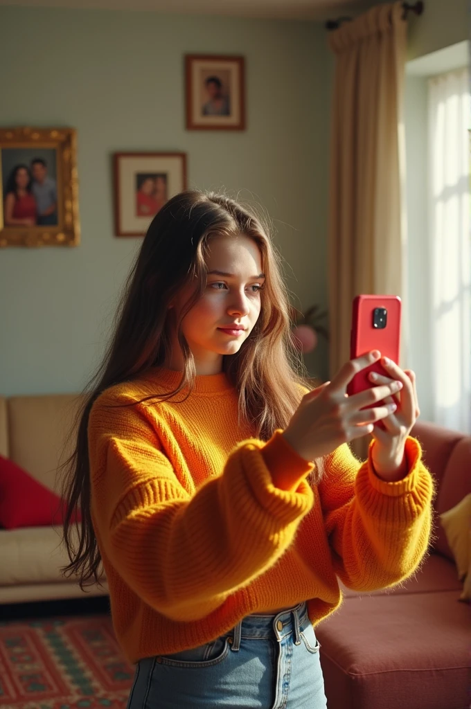  18-year-old with pimples sitting in the living room taking a selfie of herself 