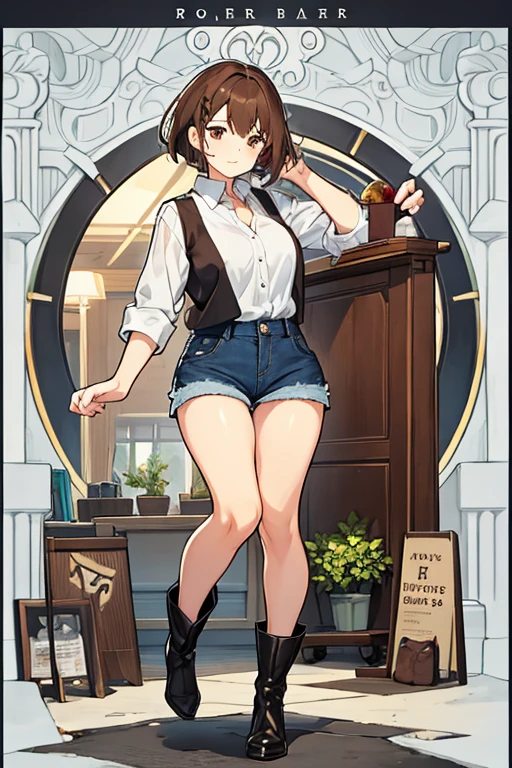 women, semi short brown hair, Brown eyes, White shirt, black vest, denim shorts, Long black boots
