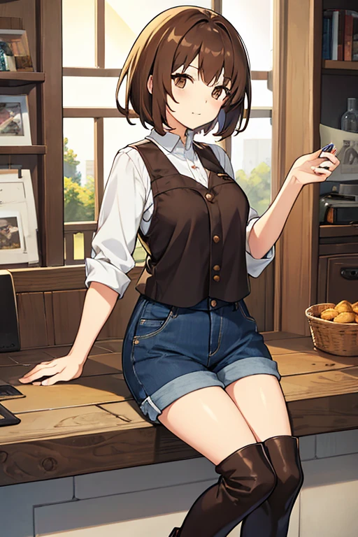 women, semi short brown hair, Brown eyes, White shirt, black vest, denim shorts, Long black boots