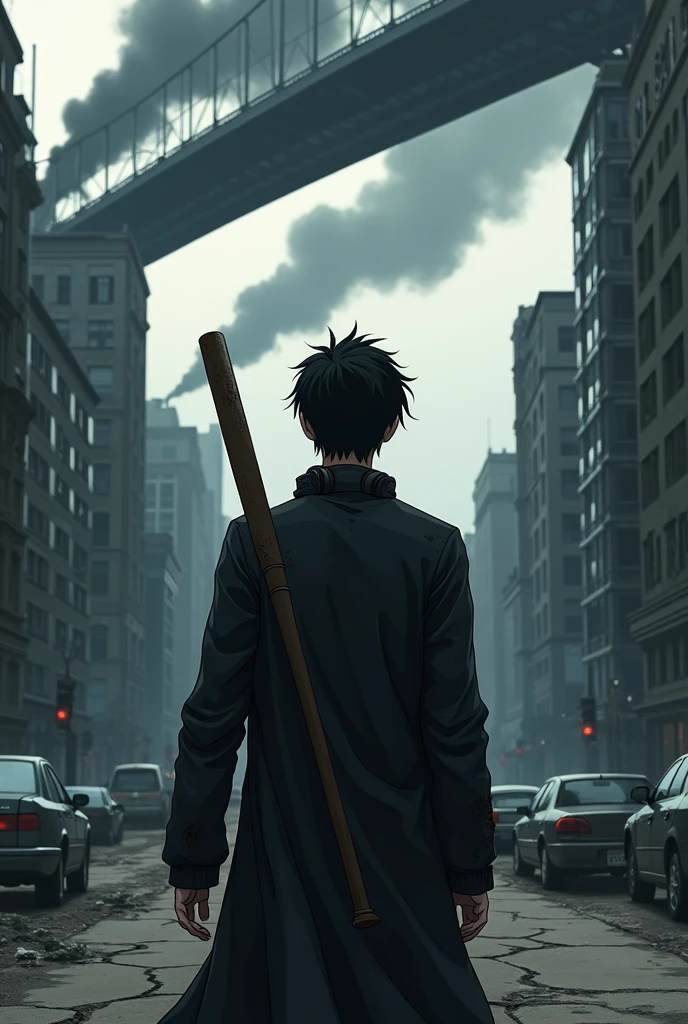 The back of an adult male anime character wearing a black coat,His left hand is in his pants,He has headphones on his neck, dirty clothes, blood-stained people, His right hand holding a baseball bat, looking very cool, is standing below looking up at the desolate city, dilapidated, High-rise buildings are spewing black smoke.
Crumbling down, On the road are abandoned damaged cars lying in the wrong place on the road ahead., above is a big bridge, after the monster pandemic