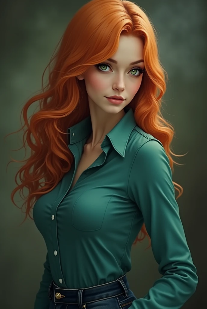 a close up of a woman, dreamy woman, matsumoto rangiku from bleach, irish woman, half body photo, mistress, photoshop render, ebony rococo, elegant girl, female spy, haunting beautiful young woman, detailed face, plump lips, teal button shirt, jeans pants, light orange hair, , beauty girl, smirking, malicious, big breasts, very femenine, deep green eyes, dark haze atmoosphere, ambient dust