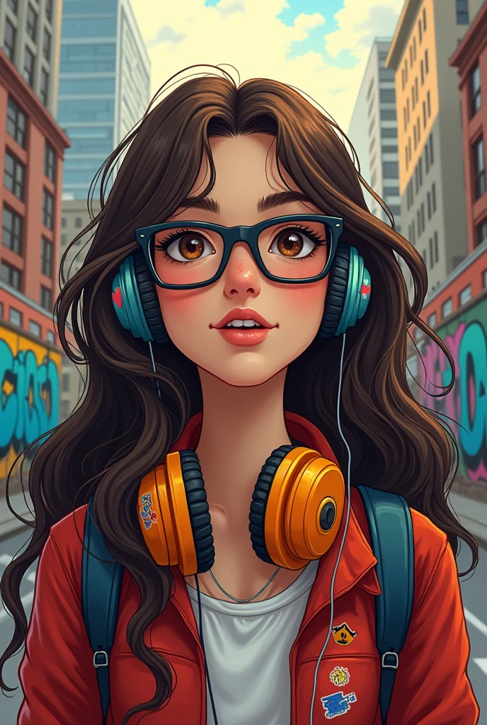 Create a written book cover "doing the impossible" with a long-haired brunette teenage girl, wearing square black glasses, with dark brown eyes shining with headphones and a few pimples on his face