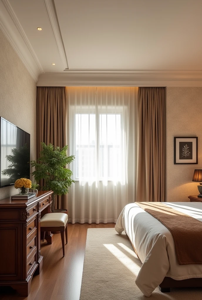 Aesthetic brown and white theme bedroom with a vanity and flat screen tv in front