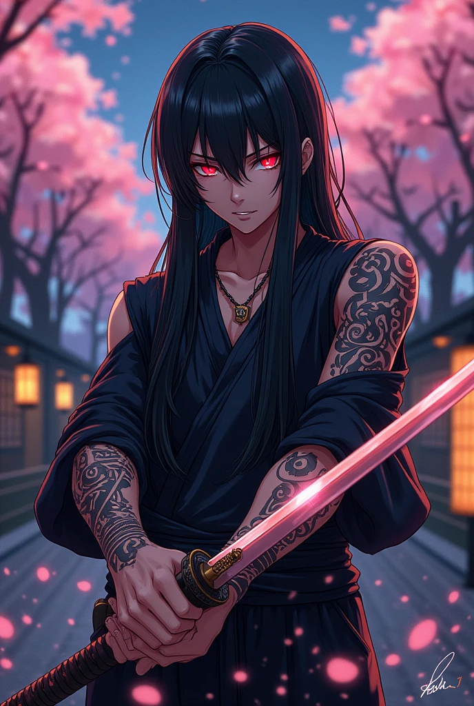 Long black haired boy, black eyes with red cross-shaped pupils,mouth piercing,tattooed, with two katanas in his hands, anime design 