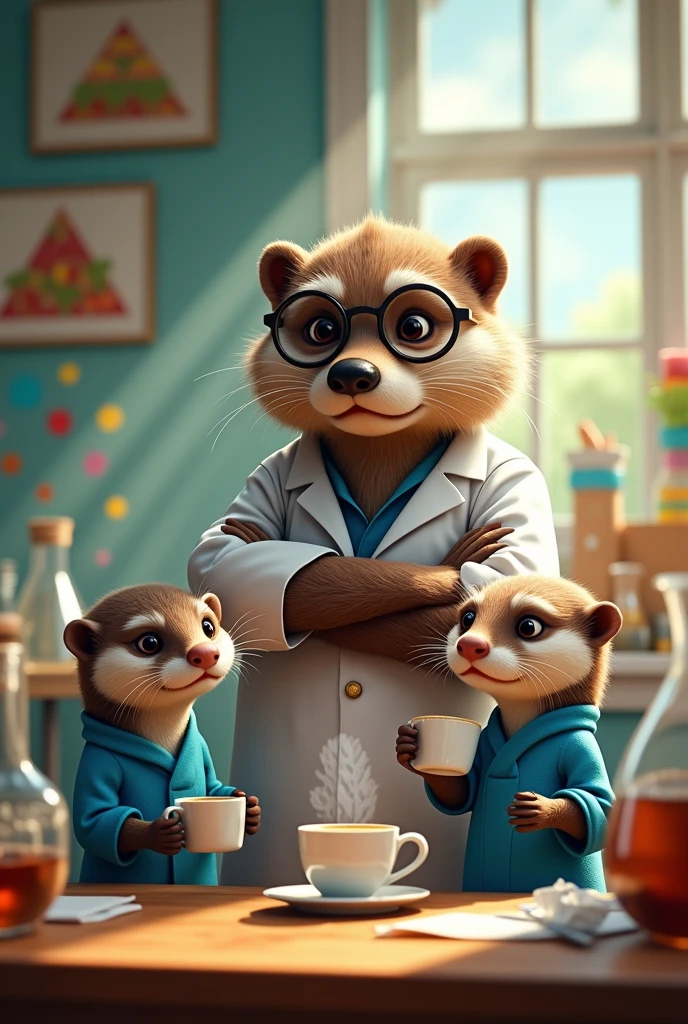 Two otters , one coffee and another light coffee , wearing nutrition degree uniforms , being scolded by a grumpy, affectionate bear in a laboratory
