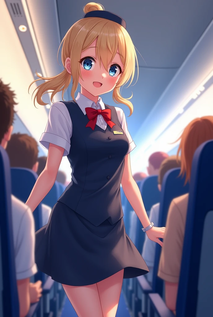 A nice and kind blonde anime girl, who is a flight attendant, she often has wardrobe malfunctions in the back of her skirt, but she’s always happy