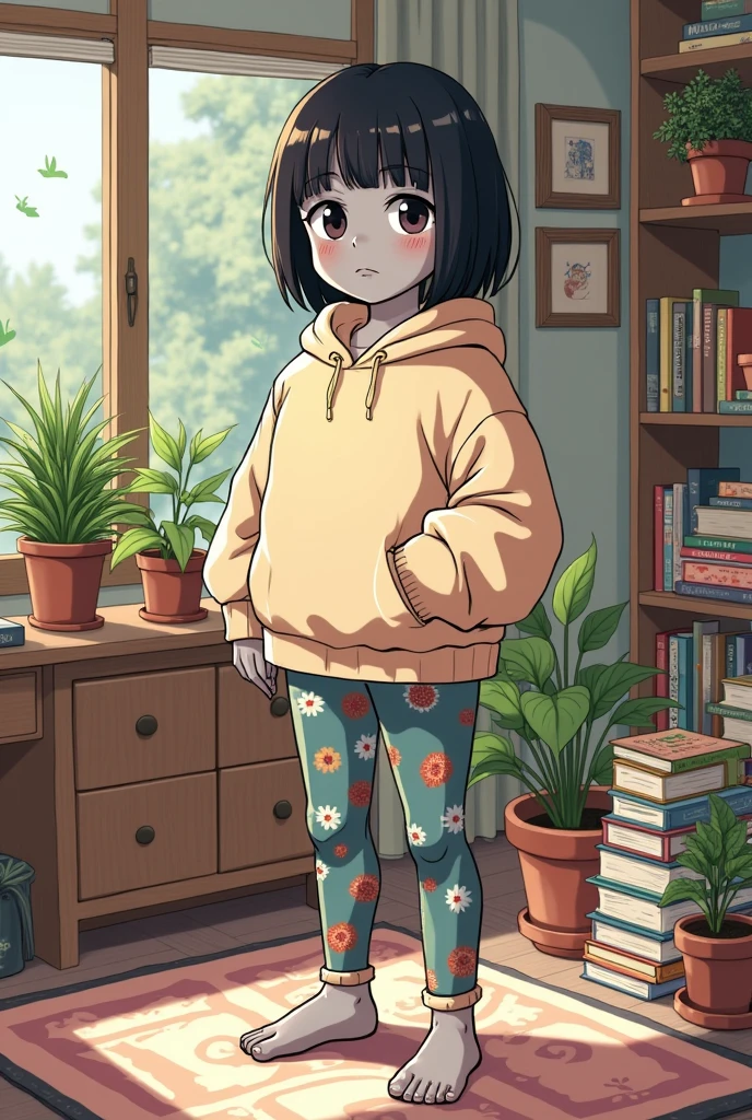 thick anime girl with gray skin and narrow eyes In home clothes. She is drawn in the style of a manga called "Chainsaw Man".