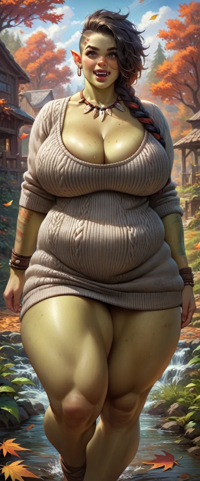 Young orc woman, female orc, chubby, overweight, dirty hair, ((green skin)), skin imperfections, skin dentation, detailed eyes, big saggy breasts, wide hips, (sharp Focus), ultra high quality, voluptuous, crazy details, tribal tattoos, (wearing dirty knitted sweater), dirty clothes and skin, deep cleavage, 8k uhd wallpaper, masterpiece, crazy details, ultra high quality, cartoon artwork, digital art, interesting shooting angle, wowrcs, walking in the garden, autumn, falling autumn leaves 