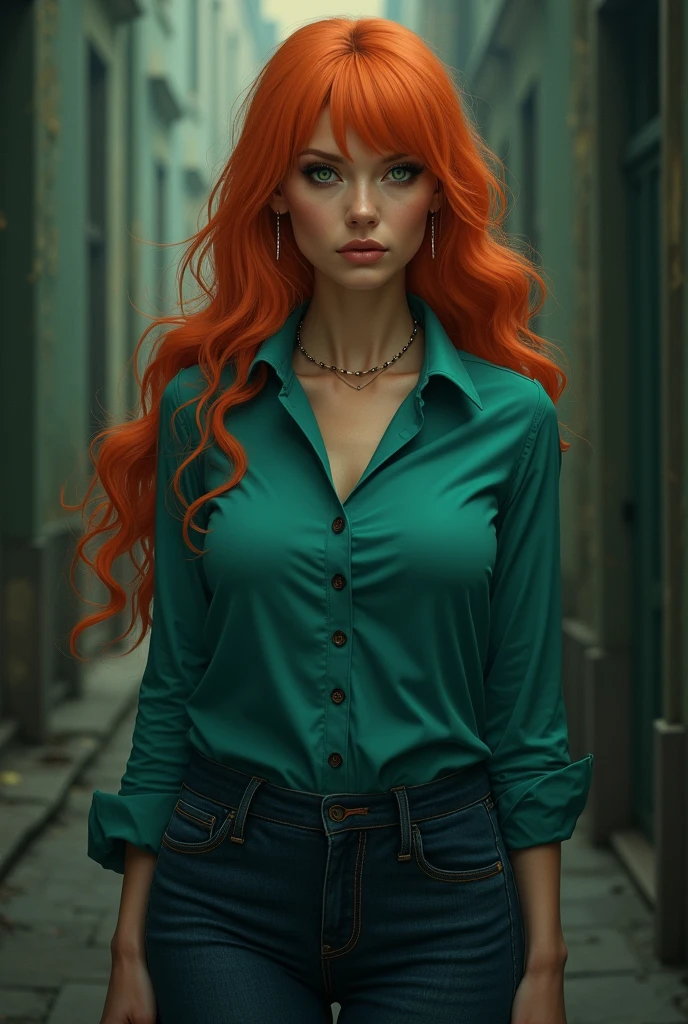 a close up of a woman, dreamy woman, matsumoto rangiku from bleach, irish woman, half body photo, mistress, photoshop render, ebony rococo, elegant girl, female spy, haunting beautiful young woman, detailed face, plump lips, teal button shirt, jeans pants, light orange hair, , beauty girl, smirking, malicious, big breasts, very femenine, deep green eyes, dark haze atmoosphere, ambient dust, ominous aura
