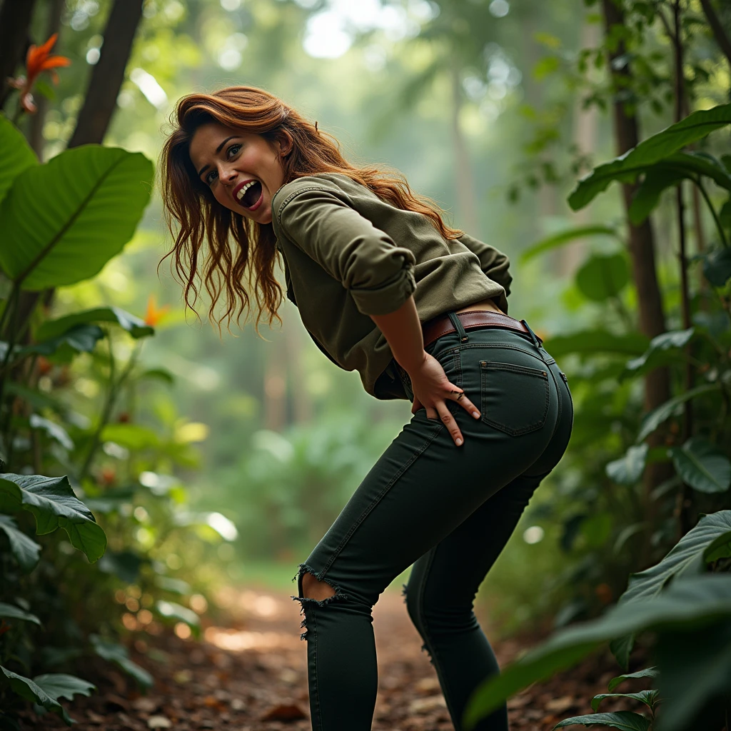 1 girl solo , She has long pants and a hunter's shirt , close-up , We see her from behind and in profile too. , Beautiful girl very similar to the actress Martha Raye of 20 years old, she is a poacher, she has a big butt, she is in the middle of the jungle with the rifle in her hand, she is Bent over looking back with a scare face and a lot of pain, she screams, He opens a lot of mouth and opens very much eyes to the fullest, in his tight pants we see a great hole at the butt , a great hole is seen in his Pants in butt área , and part of her buttocks are at sight with severe damage py a shotgun blast , All this is in a comedy Slapstick tone, it simply has to be funny. HD 4K, cinematic