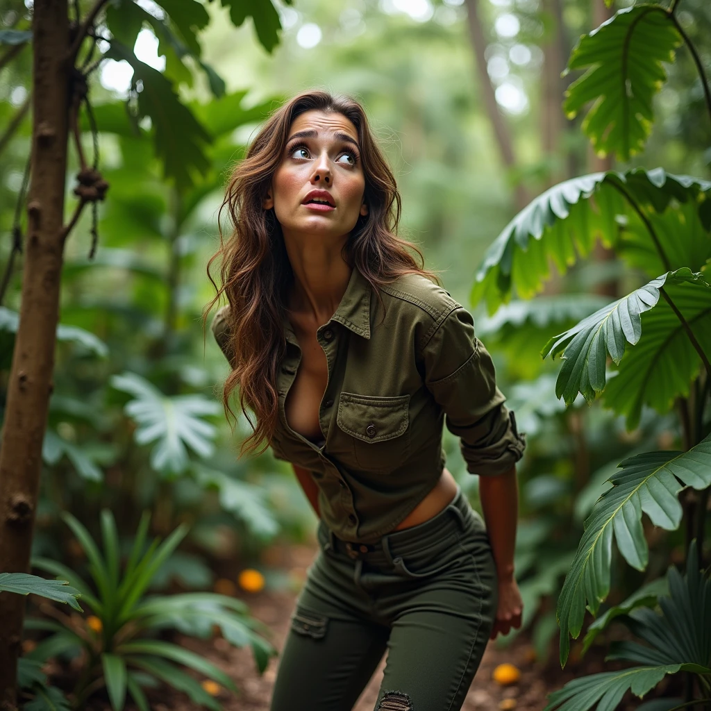 1 girl solo , She has long pants and a hunter's shirt , close-up , We see her from behind and in profile too. , Beautiful girl very similar to the actress Martha Raye of 20 years old, she is a poacher, she has a big , she is in the middle of the jungle with the rifle in her hand, she is Bent over looking back with a scare face and a lot of pain, she screams, He opens a lot of mouth and opens very much eyes to the fullest, in his tight pants we see a great hole at the butta great hole is seen in his Pants in butt ár and part of her buttocks aret with severe damage py a shotgun blast , All this is in a comedy Slapstick tone, it simply has to be funny. HD 4K, cinematic