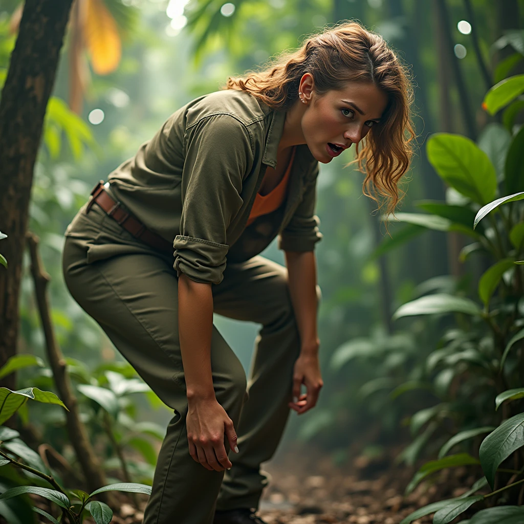 1 girl solo , She has long pants and a hunter's shirt , close-up , We see her from behind and in profile too. ,  Beautiful  girl very similar to the actress Martha Raye  of 20 years old, she is a poacher, she has a big butt, she is in the middle of the jungle with the rifle in her hand, she is Bent over looking back with a scare face and a lot of pain, she screams, He opens a lot of mouth and opens very much eyes to the fullest, in his tight pants we see a great hole  at the butt  , a great hole is seen in his Pants in butt  área , and part of her buttocks are at sight with severe damage py a shotgun blast ,  All this is in a comedy Slapstick tone, it simply has to be funny. HD 4K, cinematic