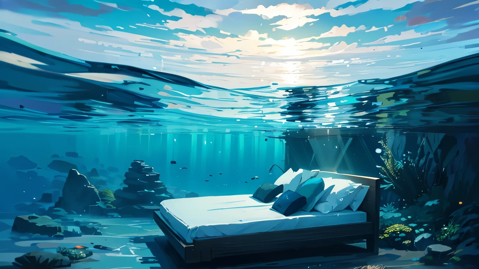 Fantastic underwater,This scenery soothes the soul,It gives me a sense of quiet peace,Bed in water