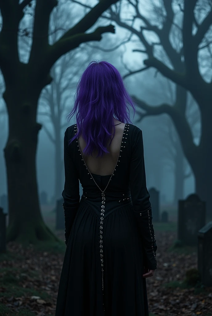 A dark post punk girl who is alone at night, but the girl is far away and in a solitary zone, like a forest or cemetery, and that only she is seen in the image the rest are in darkness , that the girl be further from the camera 
