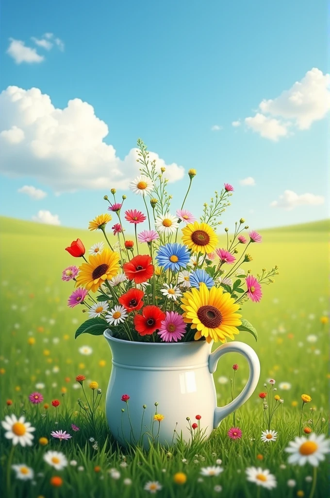 Jar style cup with many flowers in a green field, blue sky and clouds