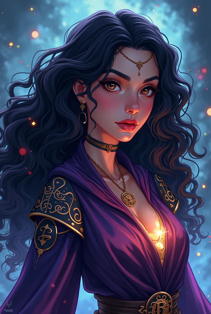 Generate a pixel art portrait of a female RPG mage. She has long black curly hair, dark light skin. MUST BE PIXEL ART