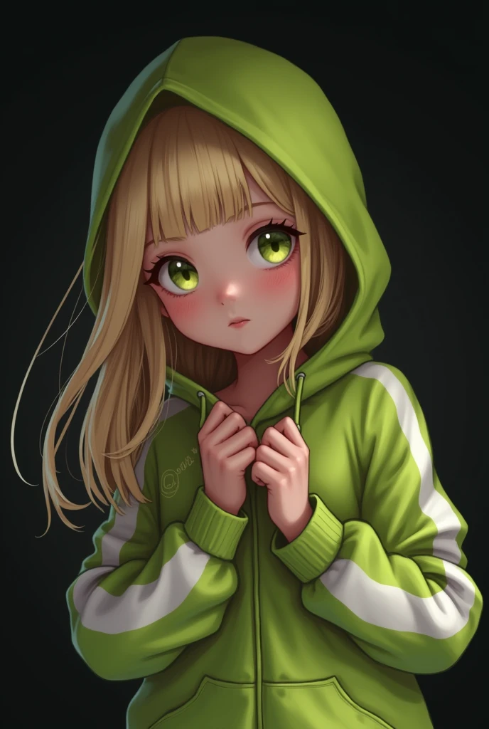 Girl,blonde ,wearing Lime and white hoodie, zip, cute hands, bend over, blushing,cute, detailed eyes, beautiful eyes, extremely detailed eyes, in dark,eyes glowing in dark,big tits