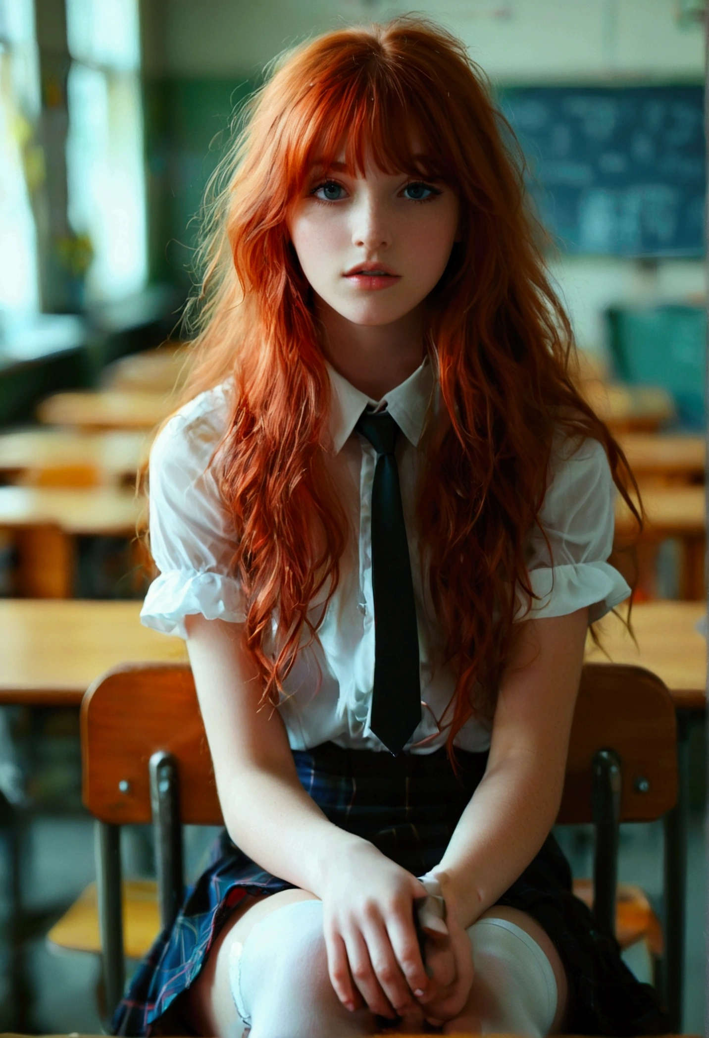 ultra realistic, photography, long red hair, irish girl, 24 years old, hourglass figure, perfect body, small breasts, Flirty look, blur background, wearing a school girl outfit (open blouse with cleavage, skirt, white opaque thigh socks, a tie), sitting in classroom, sitting on a chair behind her desk, looking sedcutively, playing with a strand of her hair, she has her legs crossed,