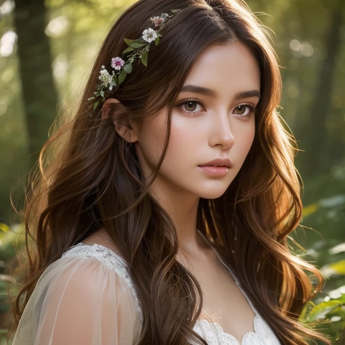 Dark Skin, Detailed beautiful young woman, Reddish golden brown hair, length, Wavy messy hair, Perfect green eye detail, Delicate, symmetrical, realistic and beautiful face, (Magical forest background), Ranger See-through Camisole, Fairy, Wildflowers that blend into your hair, whole body, masterpiece, Absurd,The finer details, Rich colors, Dramatic lighting, Very detailed, Cinema Lighting