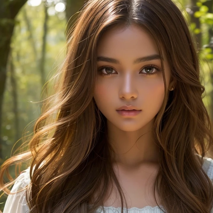 Dark Skin, Detailed beautiful young woman, Reddish golden brown hair, length, Wavy messy hair, Perfect green eye detail, Delicate, symmetrical, realistic and beautiful face, (Magical forest background), Ranger See-through Camisole, Fairy, Wildflowers that blend into your hair, whole body, masterpiece, Absurd,The finer details, Rich colors, Dramatic lighting, Very detailed, Cinema Lighting