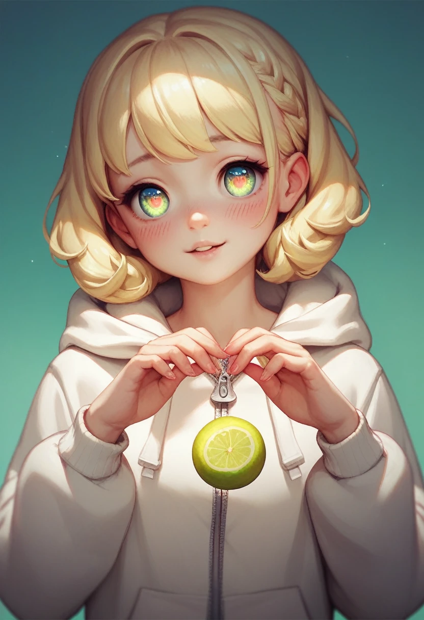 Girl,blonde ,wearing Lime and white hoodie, zip, cute hands, bend over, blushing,cute, detailed eyes, beautiful eyes, extremely detailed eyes, in dark,eyes glowing in dark,big tits