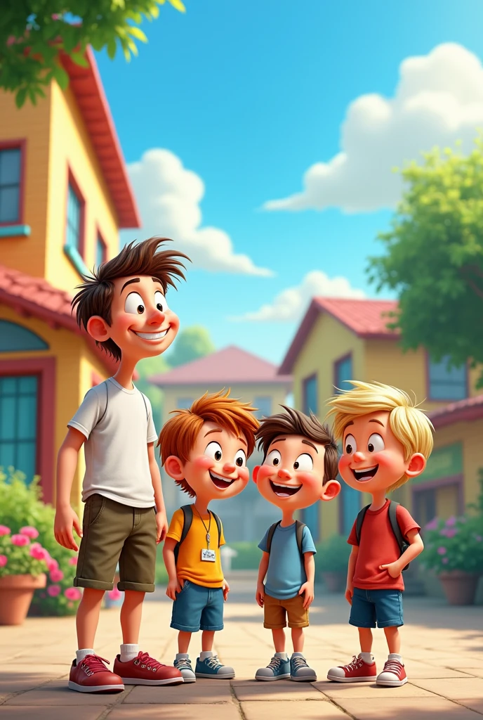 Four boy friends at school in funny cartoon style. The first is tall and very thin, with white skin and brown hair. The second is blond and has a very large and prominent nose. The third is fat , with medium brown hair. The fourth is blonde, with long hair and is shorter in stature.