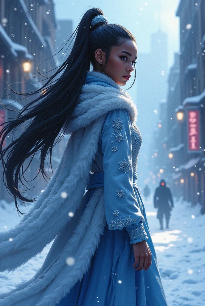 A personalized character from Jujutsu Kaisen Anime. She is a 15 year old african American black girl with long black hair, patch of her hair is white. She has a bit of an icy snow type look to her outfit
